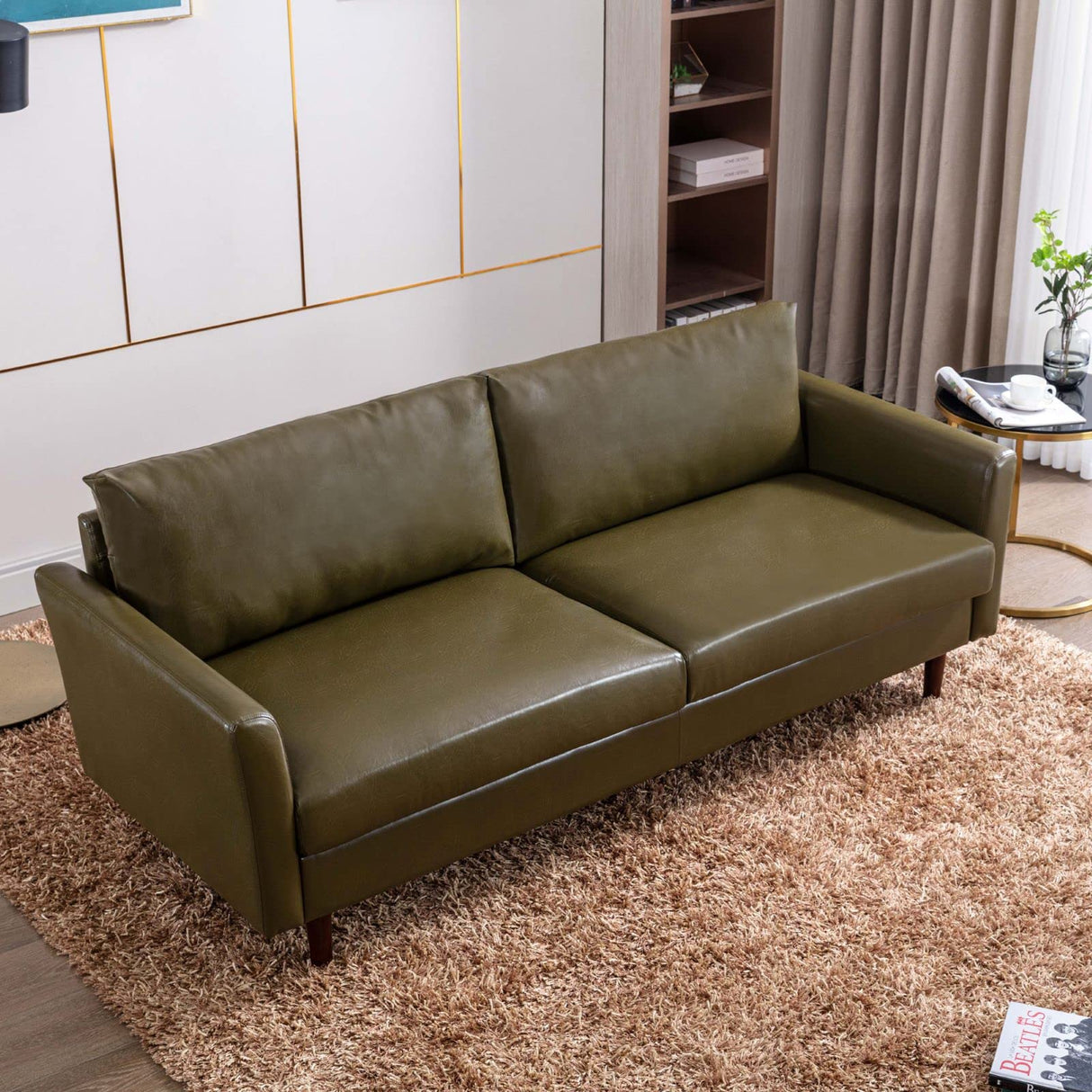 80'' Faux Leather Sofa Couch, Mid-Century Modern Sofa with Solid Wooden Frame