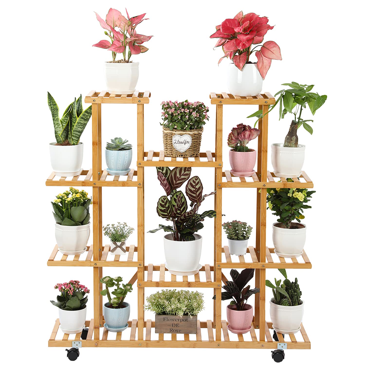 9-tier bamboo plant stand with wheels for mobility