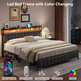 King Bed Frame with Charging Station, Upholstered King Size Bed Frame with LED Lights