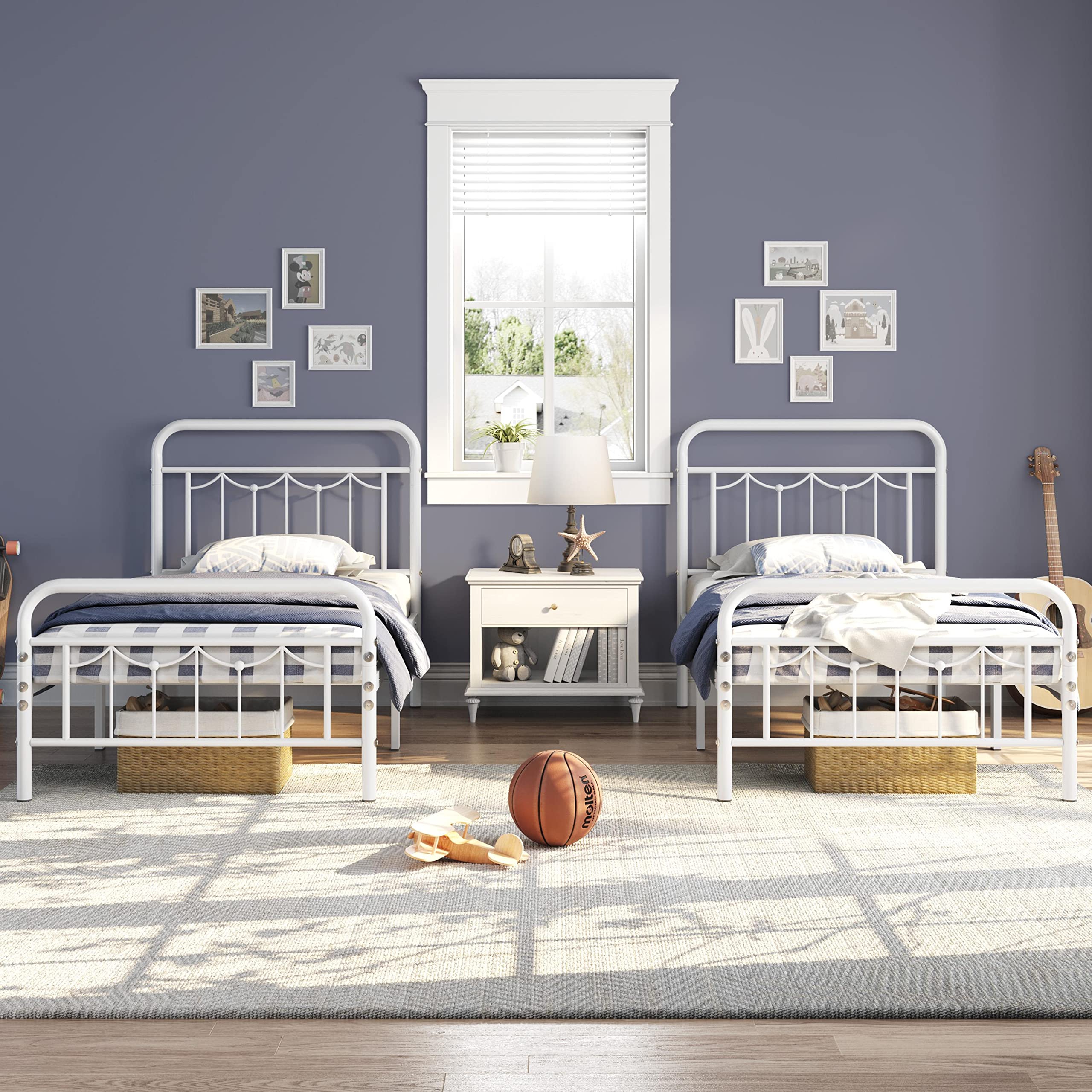 Twin Size Metal Bed Frame with Vintage Headboard and Footboard, Farmhouse Metal