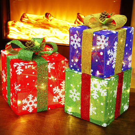 Set of 3 Lighted Gift Boxes Christmas Decorations