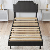 Upholstered Platform Twin Bed Frame with Nailhead Trim Headboard, Height Adjustable