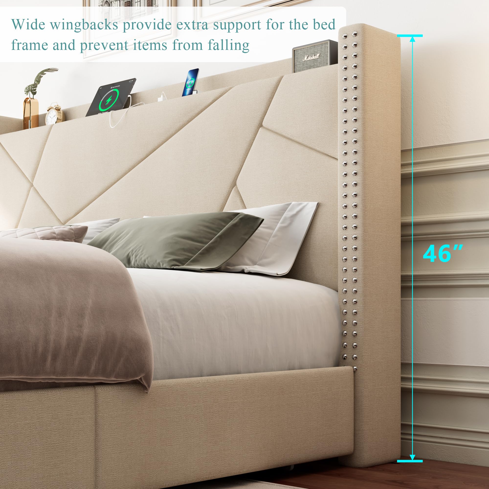 Queen Storage Bed Frame with Type-C & USB Ports and 4 Drawers, Minimalist Geometric