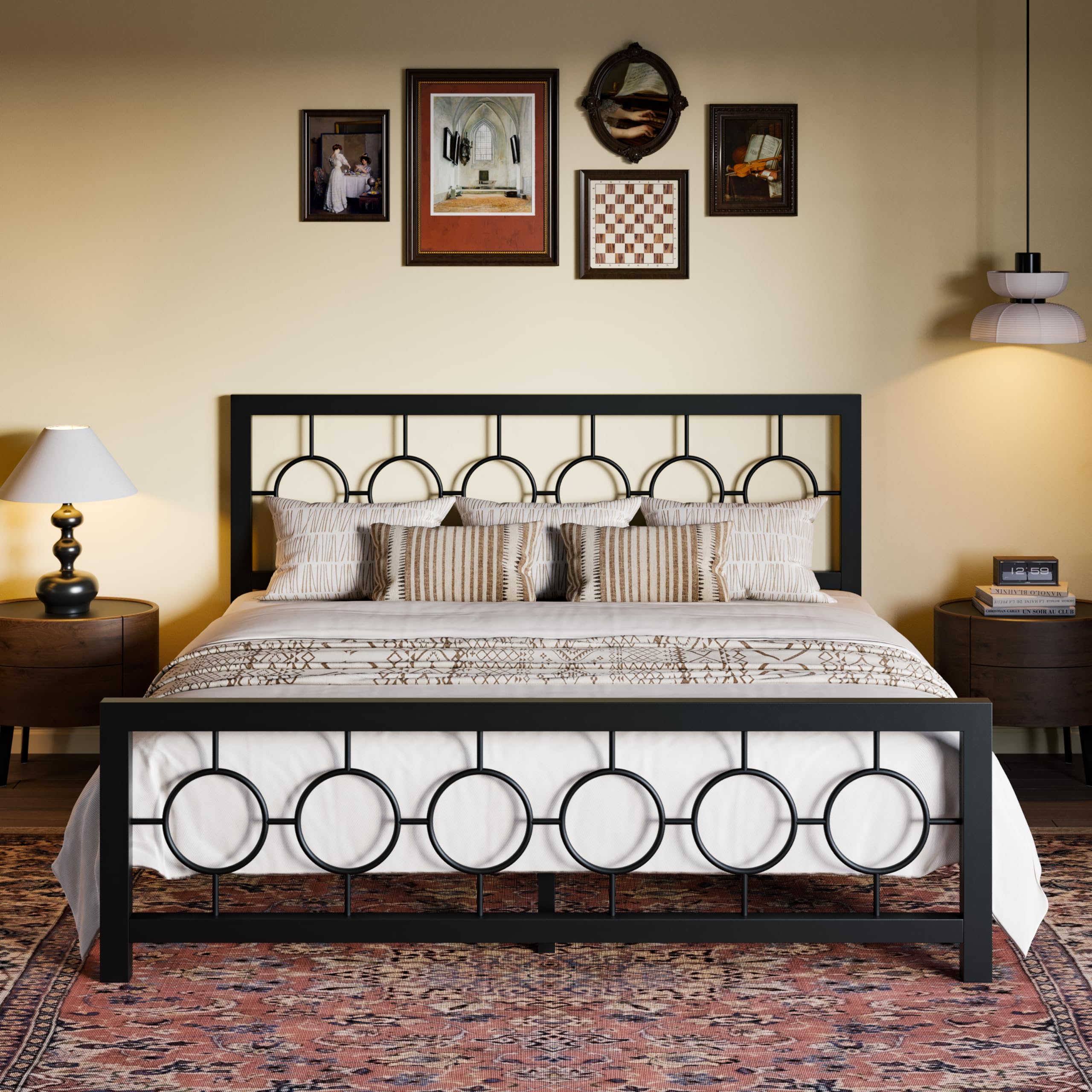 King Size Metal Bed Frame with Vintage Circular Design Headboard and Footboard