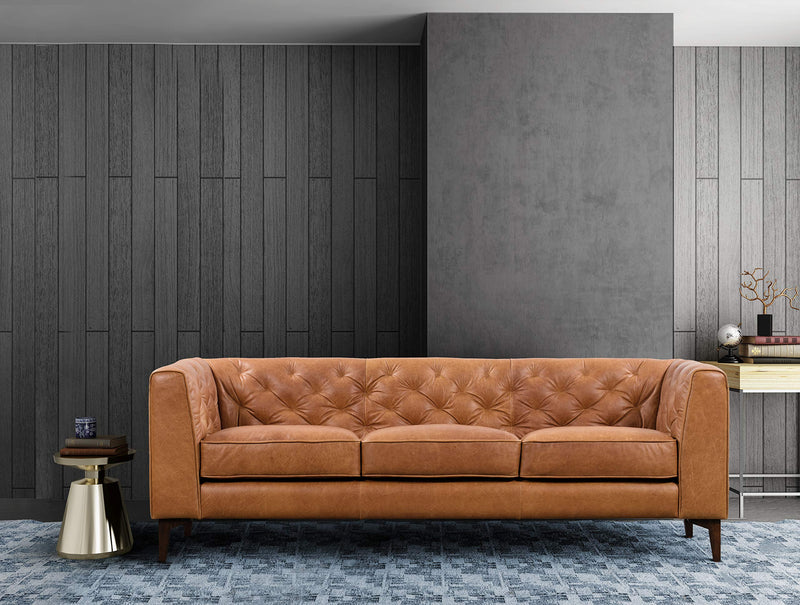 Essex Leather Couch – 89-Inch Leather Sofa with Tufted Back - Full Grain Leather Couch with Feather-Down Topper On Seating Surfaces
