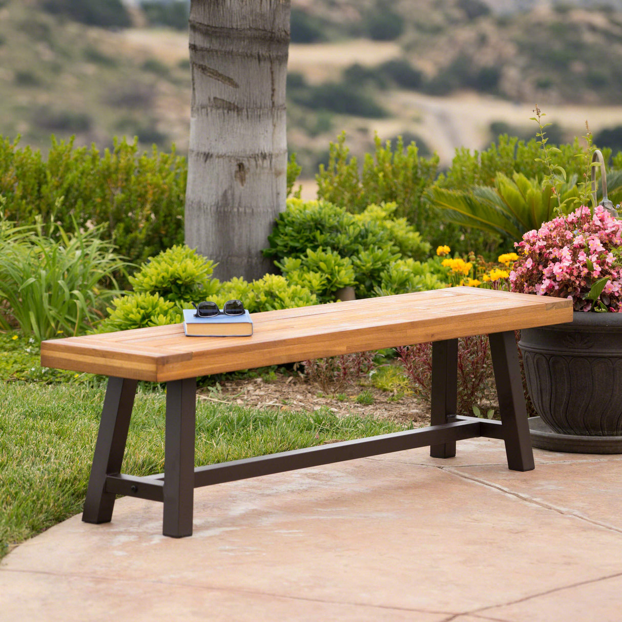 Carlisle Outdoor Acacia Wood and Rustic Metal Bench