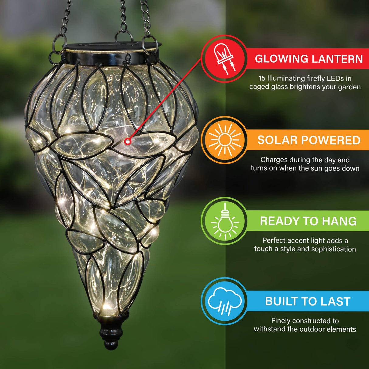 Outdoor Garden Solar Lights, Tear-Shaped Glass Metal Hanging Lantern