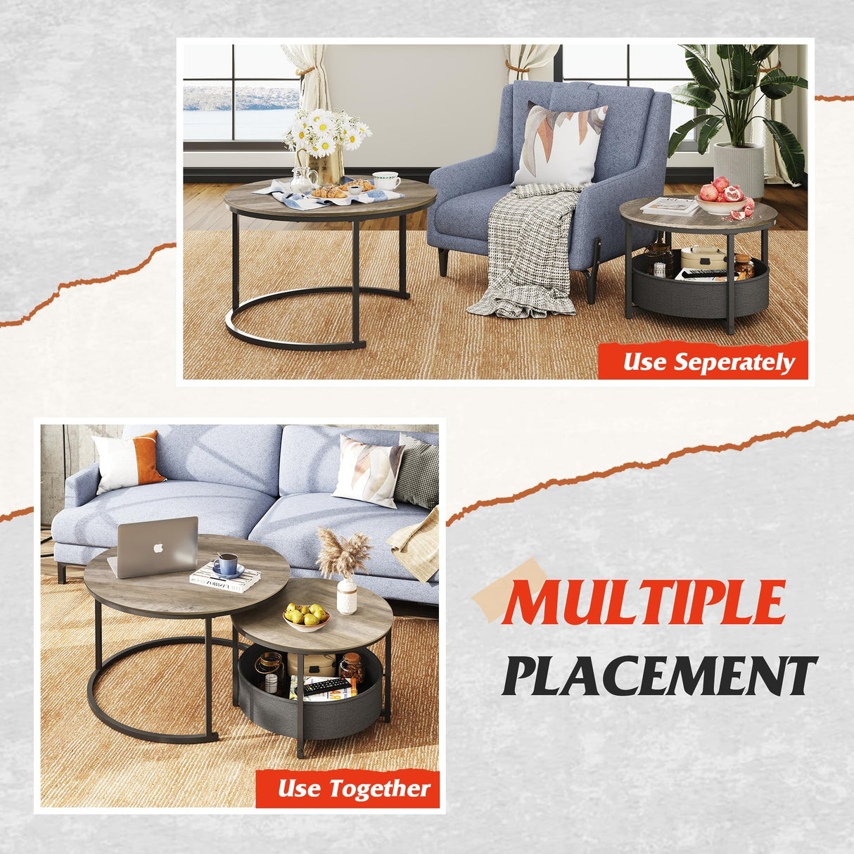 Coffee Table Set of 2,32in Round Nesting Table for Living Room