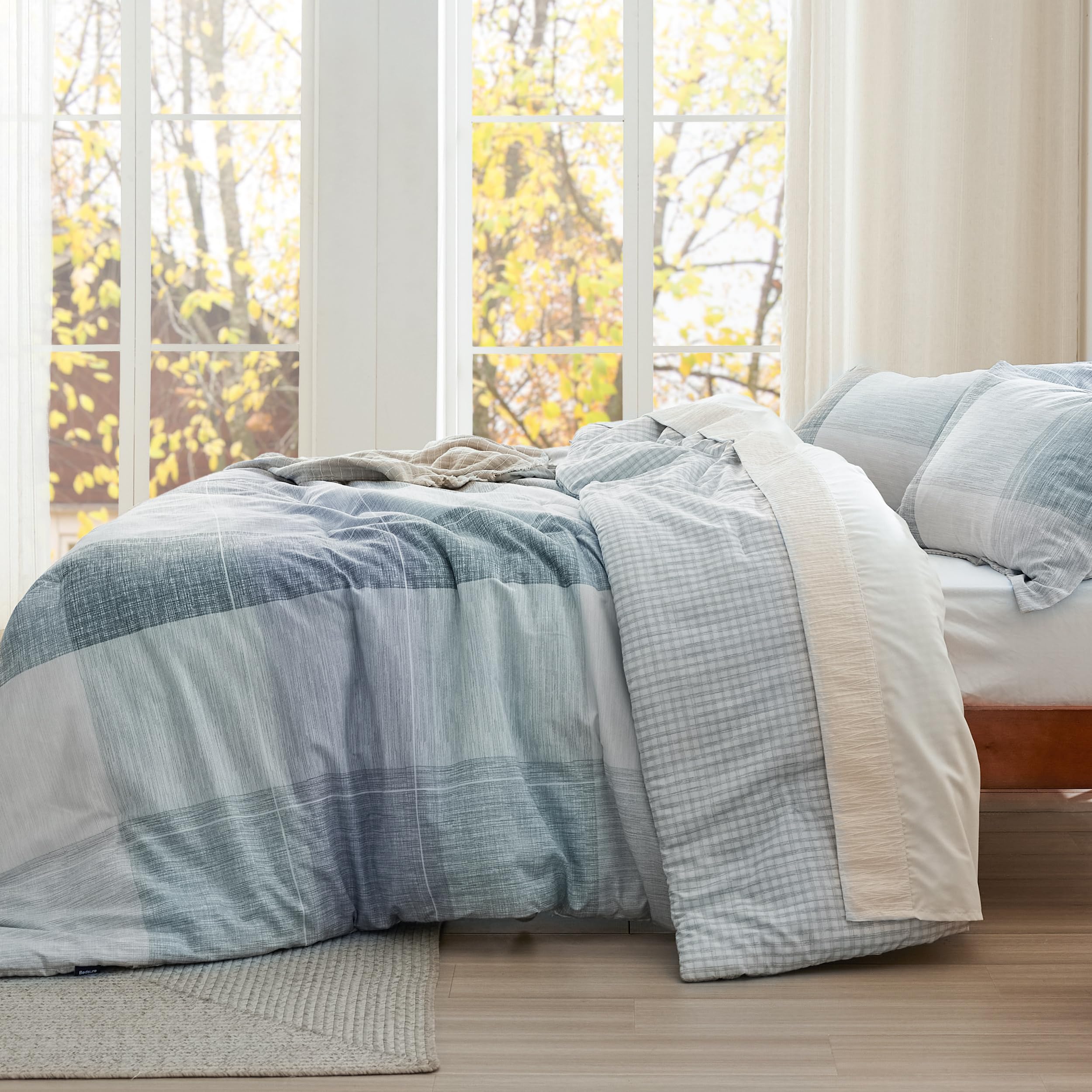 Plaid Comforter Set - Bedding Comforter Set Queen, Reversible Blue Buffalo