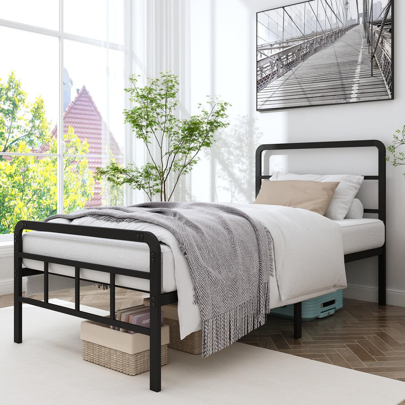 Twin Size Metal Bed Frame with Headboard and Footboard, 14 Inch Black Heavy Duty Mattress Foundation