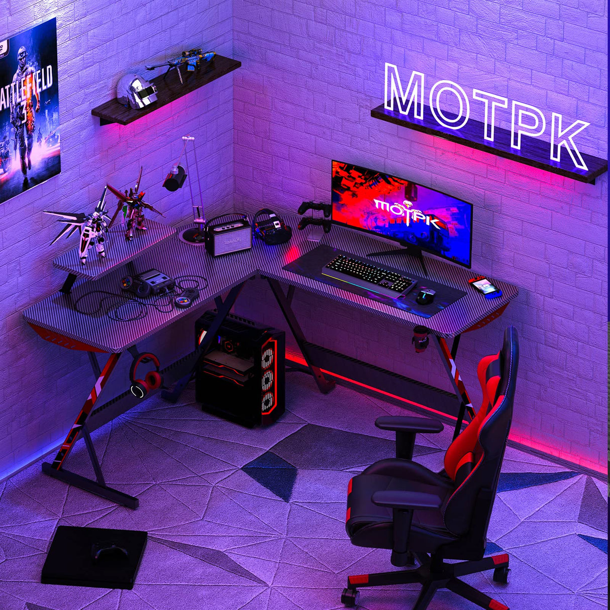 L Shaped Gaming Desk with Carbon Fiber Surface, Corner Computer Desk