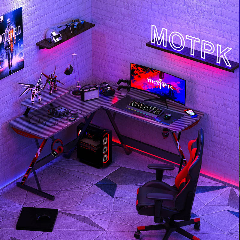 L Shaped Gaming Desk with Carbon Fiber Surface, Corner Computer Desk L Shape