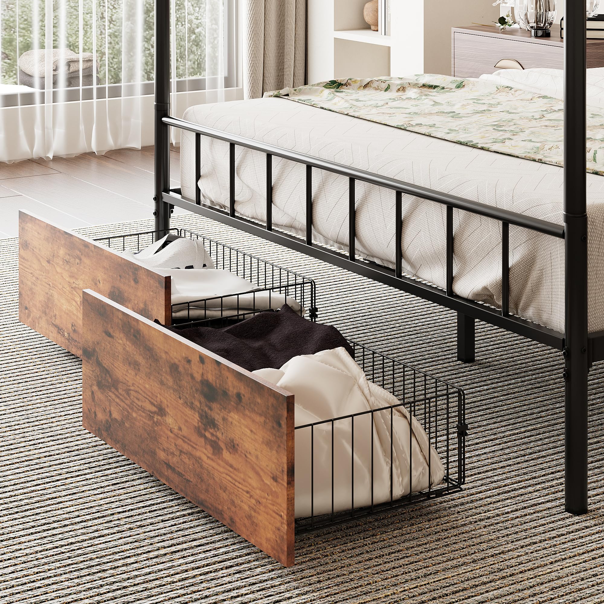 King Canopy Bed Frame with Wooden Headboard, King Size Bed Frame