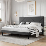 King Size Upholstered Bed Frame with Geometric Headboard, Heavy-Duty Platform Bed