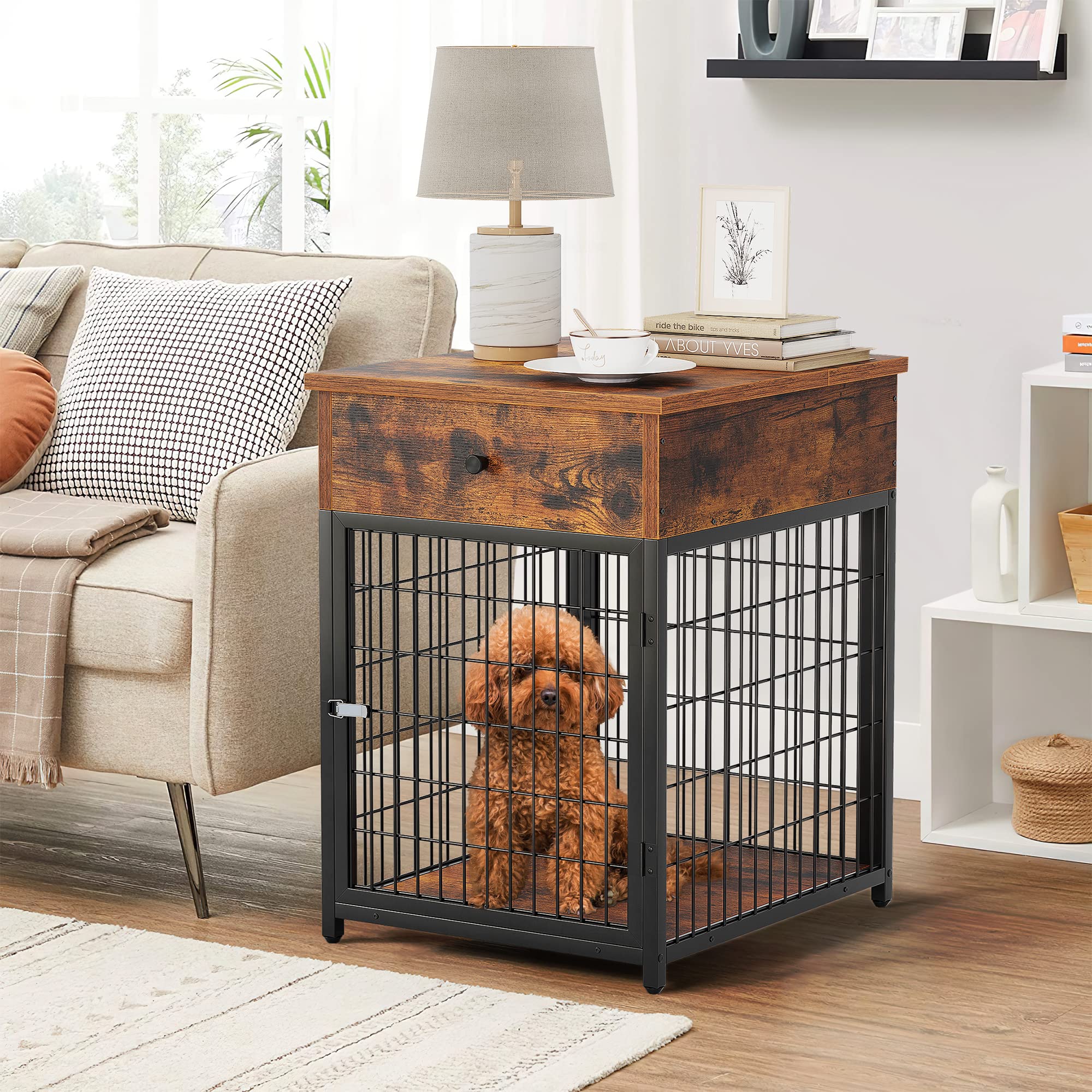 Furniture Dog Crates, 28.9" Wood Dog Kennel with Flip-up Drawer Chew-Proof Home Wood