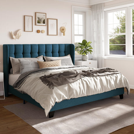 King Size Platform Bed Frame with Wingback, Upholstered Square Stitched Headboard