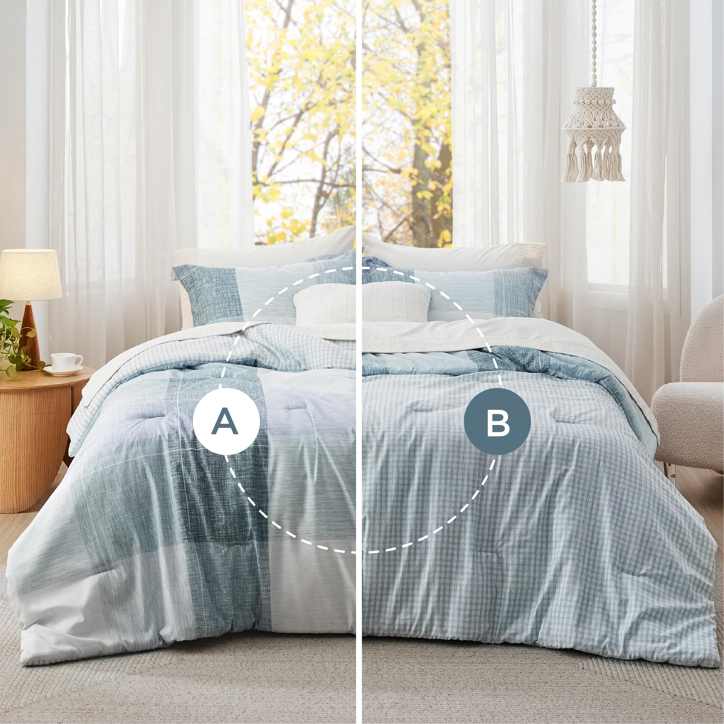Plaid Comforter Set - Bedding Comforter Set Queen, Reversible Blue Buffalo