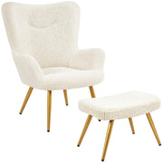 Accent Chair and Ottoman Set, Sherpa Armchair with Golden Metal Legs
