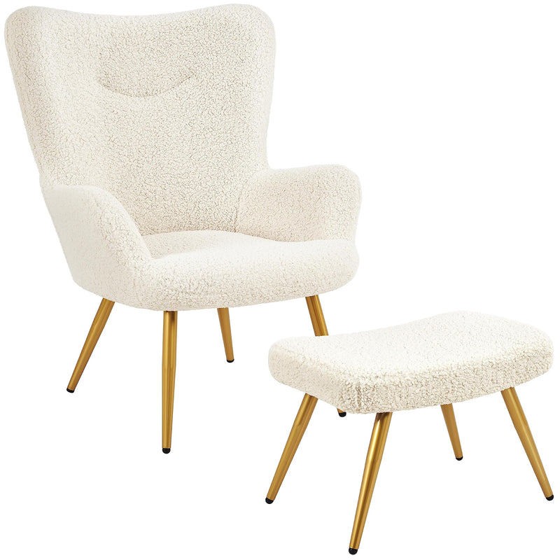 Accent Chair and Ottoman Set, Sherpa Armchair with Golden Metal Legs and High Back, Footstool