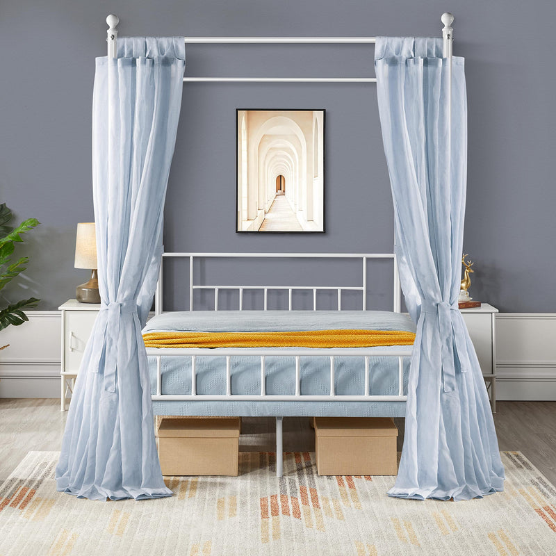 White Four-Poster Canopy Metal Bed Frame with Headboard and Footboard