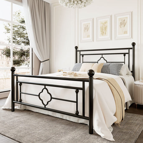 Queen Size Metal Platform Bed Frame with Victorian Vintage Headboard