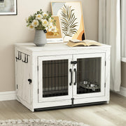 Wooden Dog Crate Furniture with 360°Rotatable Removable Dog Bowls, Dog Crate