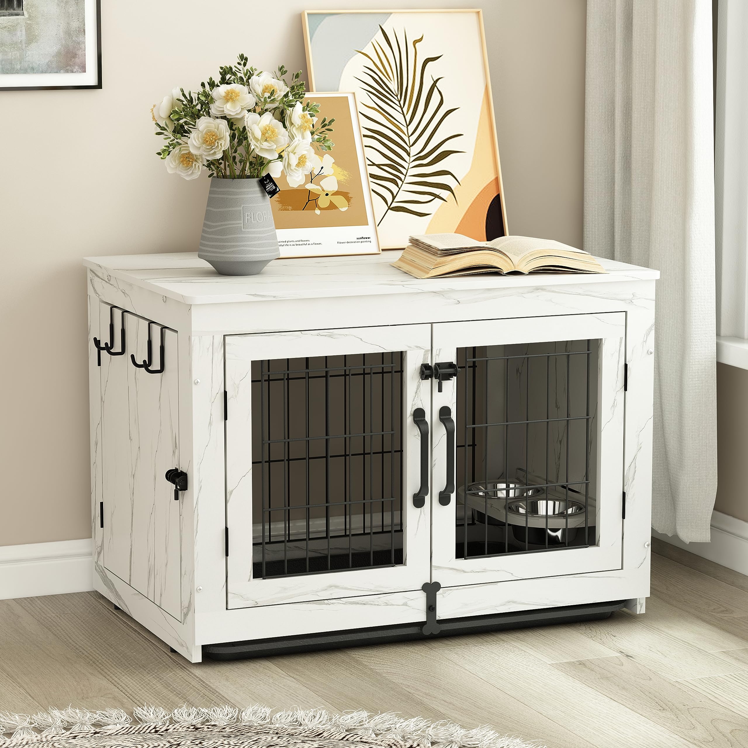 Wooden Dog Crate Furniture with 360°Rotatable Removable Dog Bowls, Dog Crate