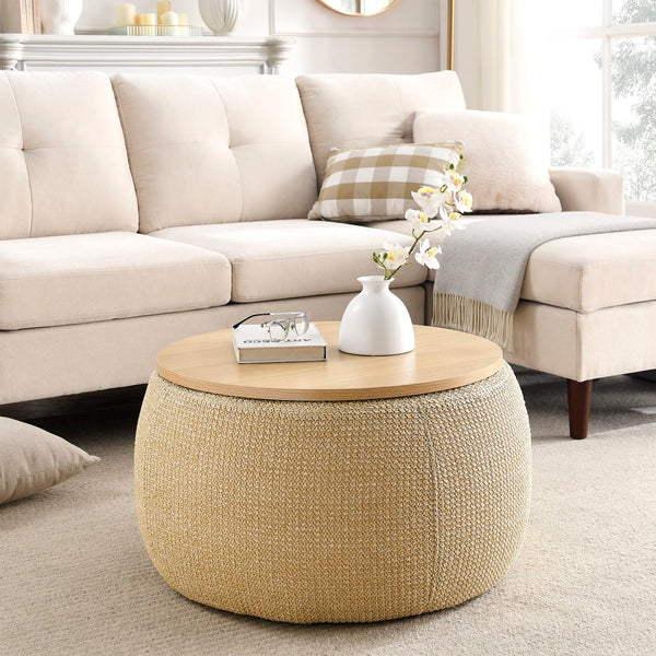 Modern Round Storage Ottoman with Wooden Lid ,Circle Ottoman Handmade Ottoman Coffee Table,End Table & Footstool