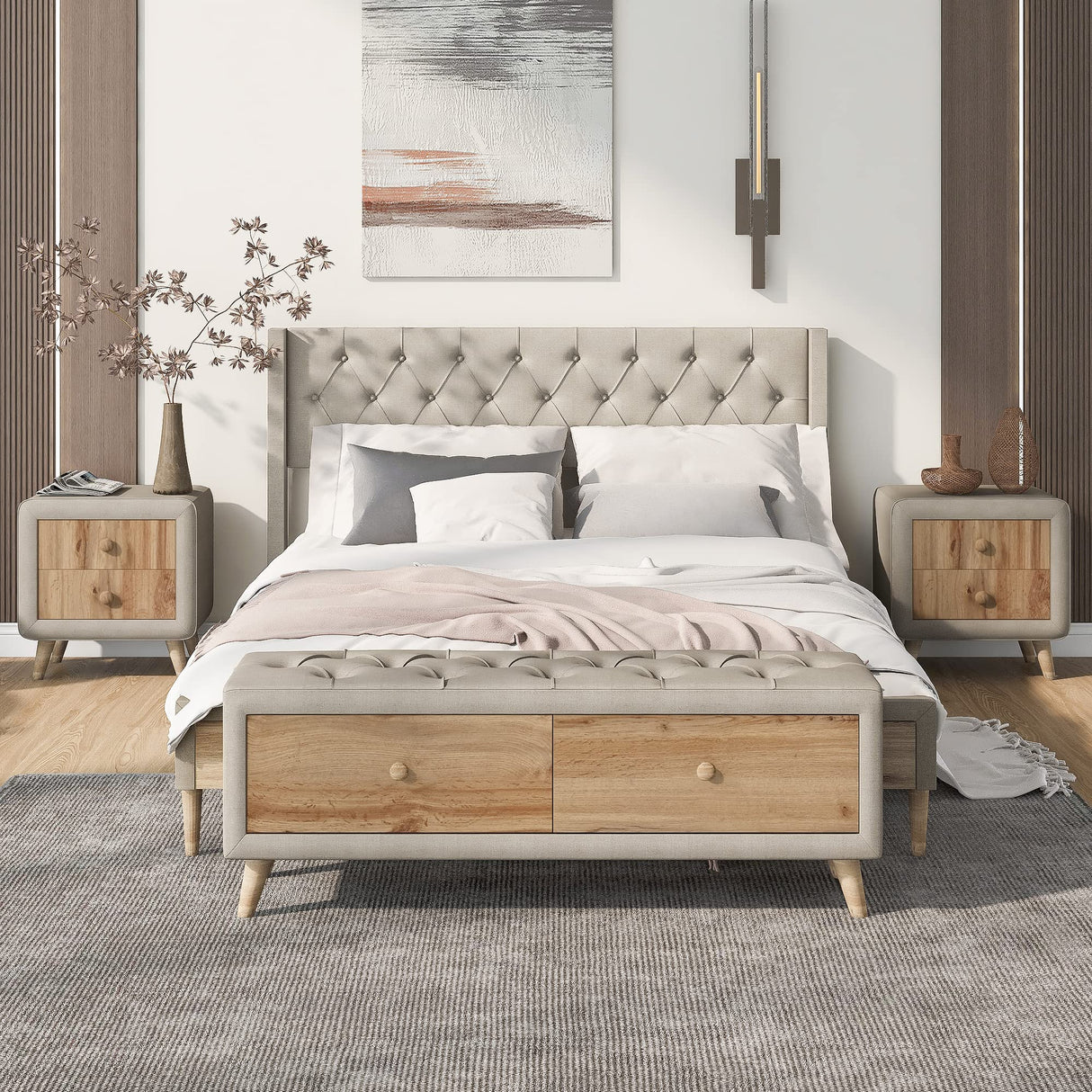 4 Pieces Bedroom Furniture Set, Queen Size Upholstered Bed with Storage Bench and 2 Nightstands