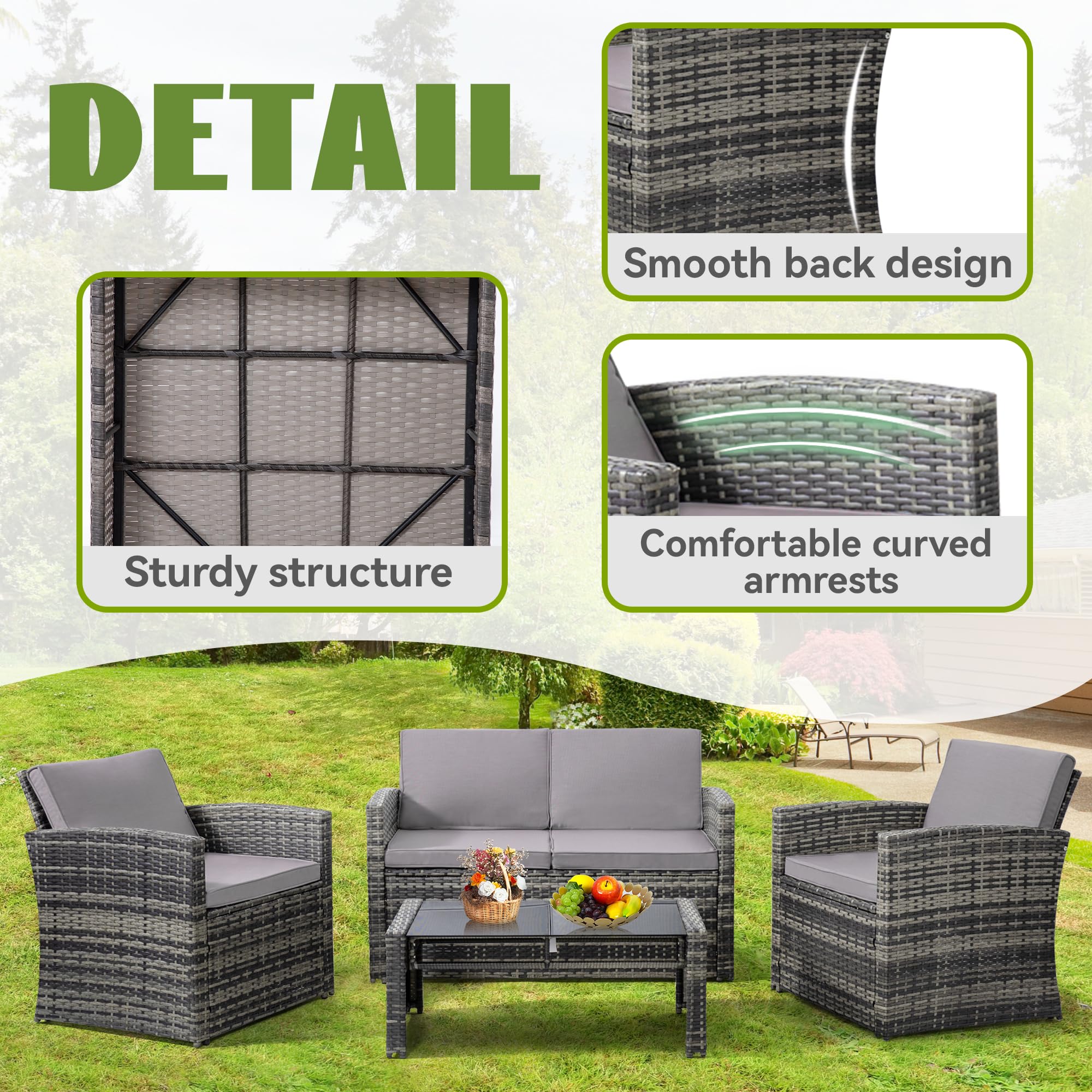 4 Pieces Patio Conversation Set, Outside Rattan Sectional Sofa