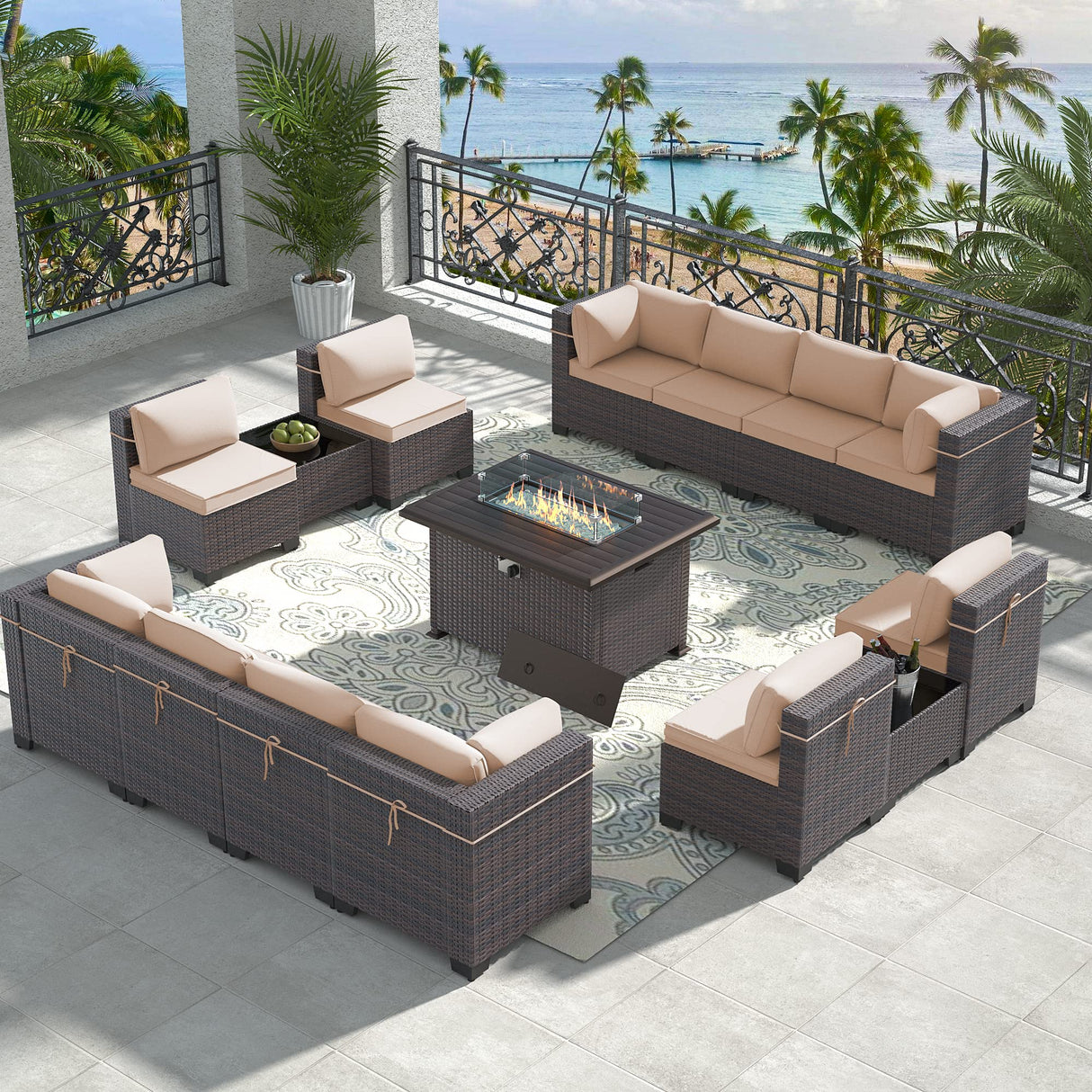 Outdoor Patio Furniture Set with Propane Fire Pit Table, 15 Pieces