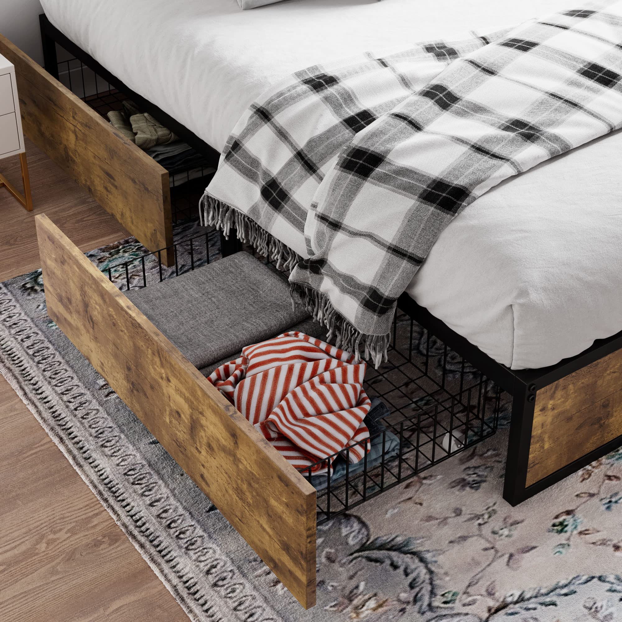 Queen Bed Frame with Storage, Platform Bed with 4 Extra Large Storage Drawers