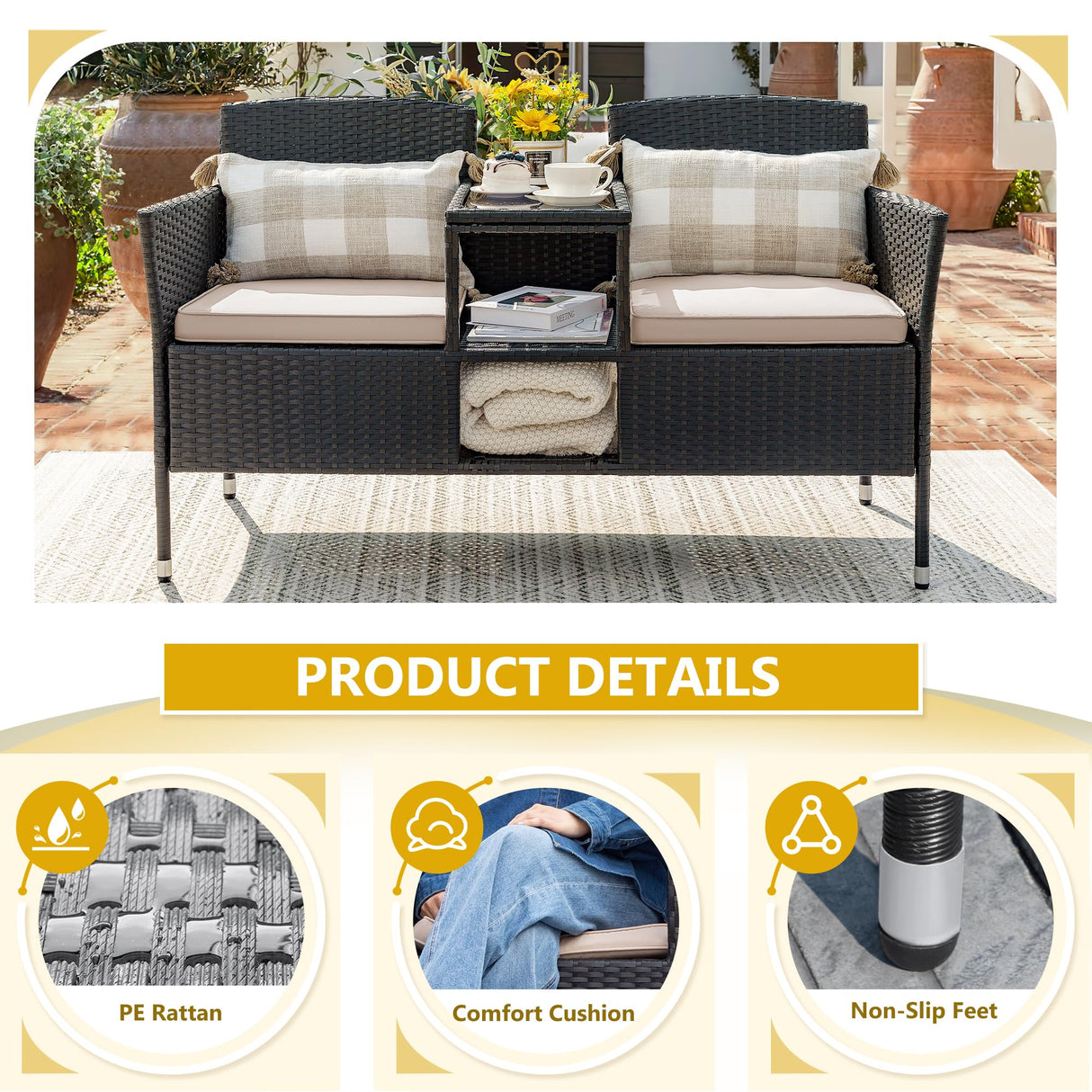 Outdoor Patio Loveseat Modern Rattan 2-Seat Patio Conversation Set