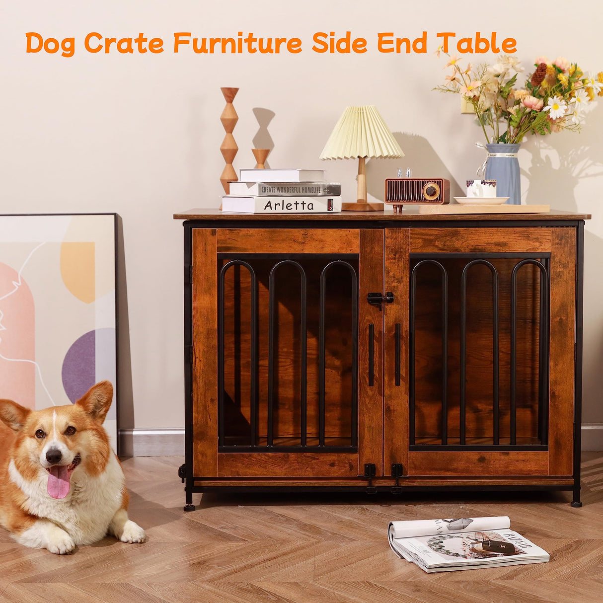 Dog Crate Furniture, 39.37" Double Doors Wooden Dog Kennel End Table, Indoor Dog House