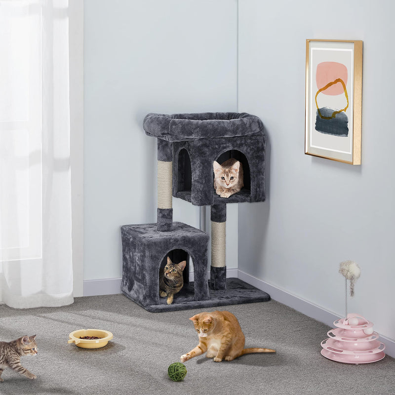 33.5in Cat Tree Tower for Indoor Cats w/2 Cozy Plush Condos, Oversized Perch