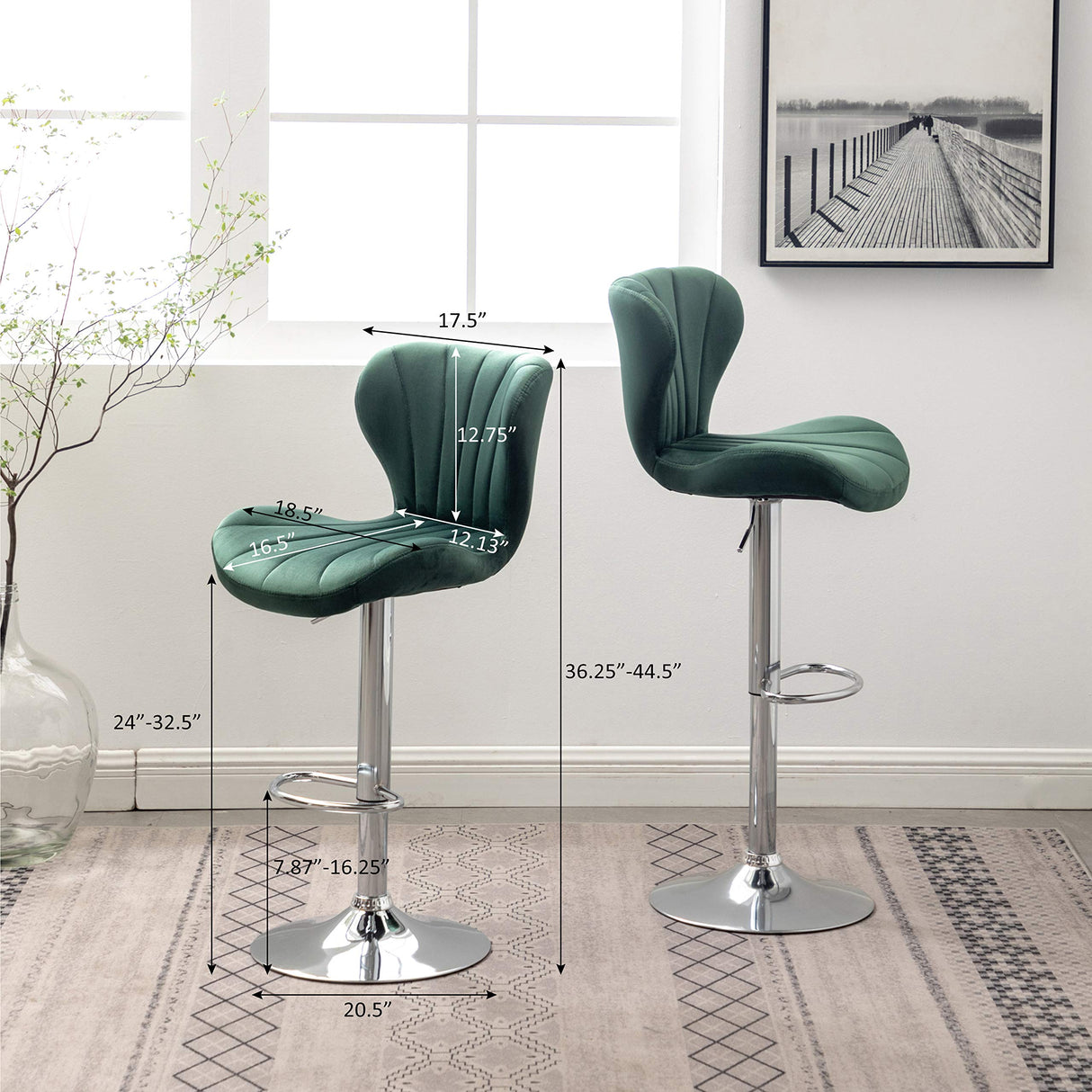 Ellston Velvet Adjustable Swivel Barstools, Set of 2, Green