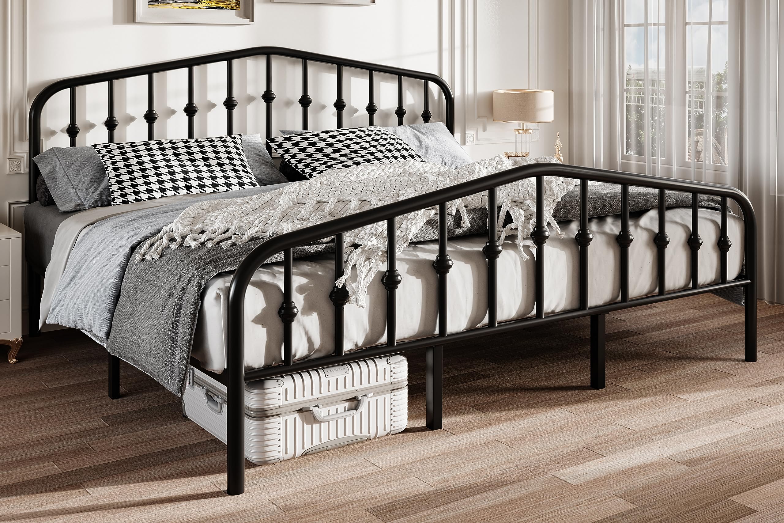 Metal Platform Bed Frame with Vintage Style Wrought Iron Headboard