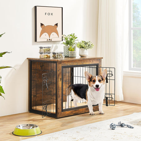 27.5'' Dog Crate Furniture with Cushion Wooden Dog Crate with Double Doors/Adjustable