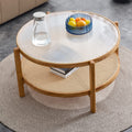 Chinese Style Coffee Table, 34.64" Log Style Faux Rattan Round Double-Layer Solid Wood