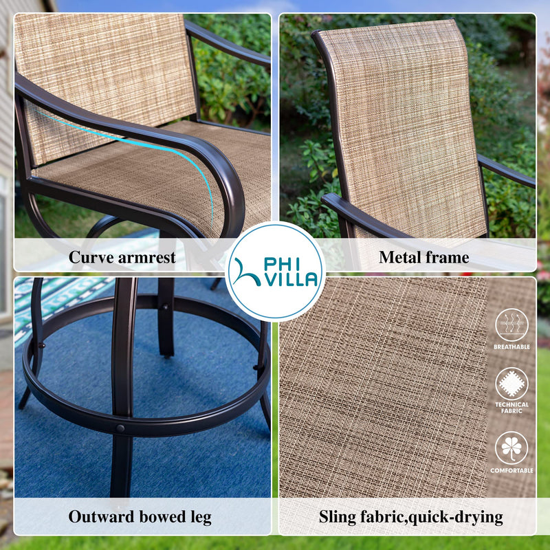 3PCS Patio Bar Set with Metal Bar Height Table and 2 Counter Height Swivel Chairs