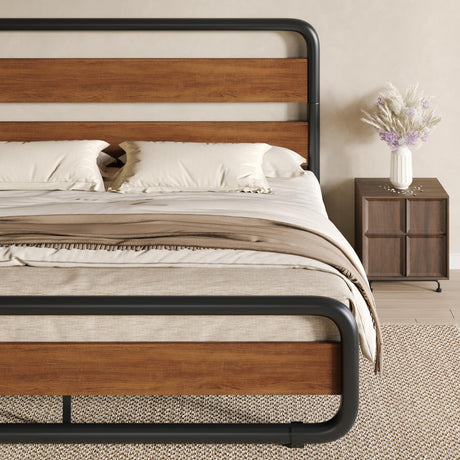 King Size Metal Bed Frame with Wooden Headboard and Footboard