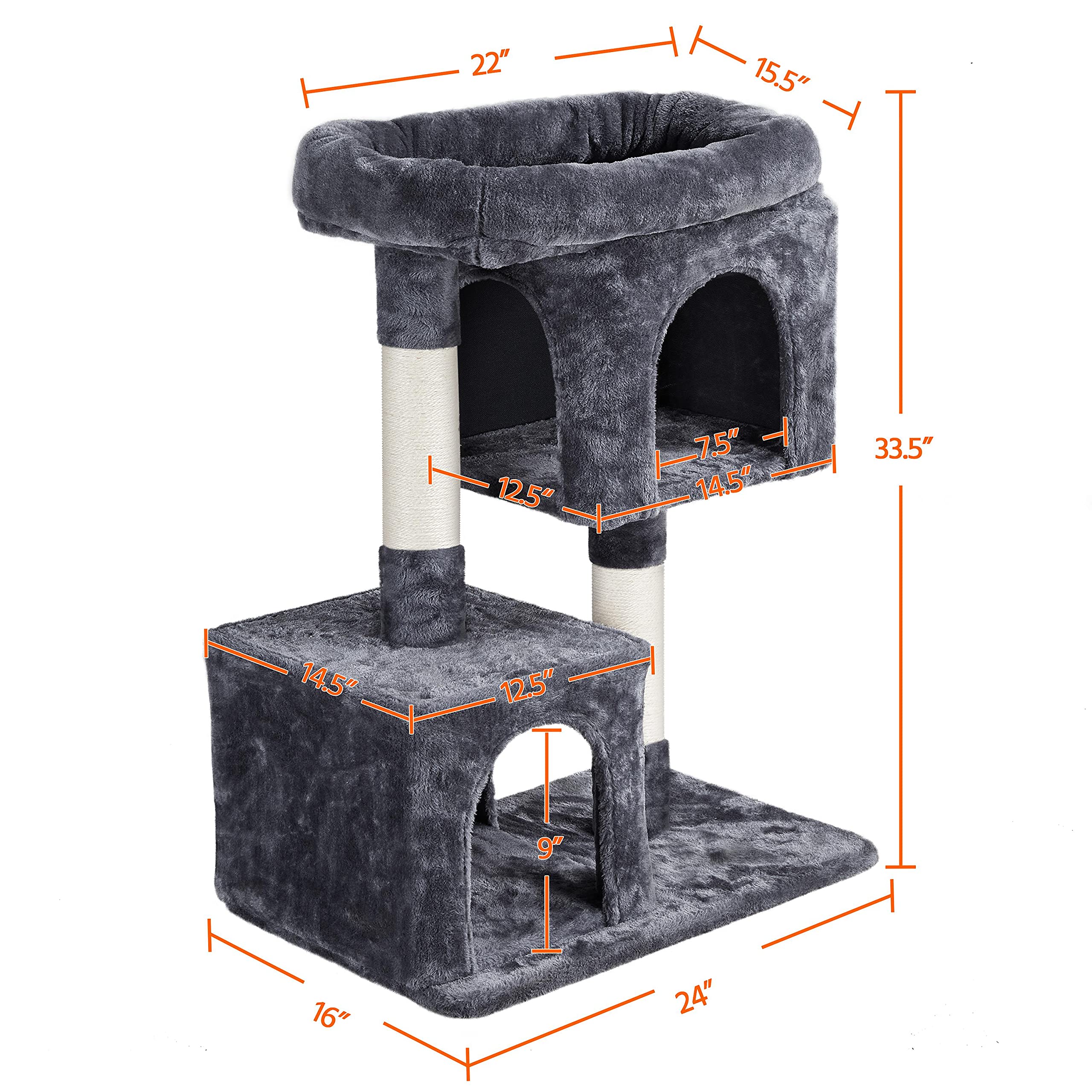 33.5in Cat Tree Tower for Indoor Cats w/2 Cozy Plush Condos, Oversized Perch
