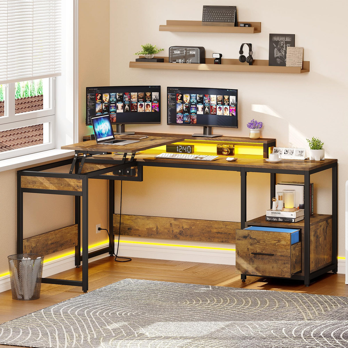 L Shaped Desk with Power Outlets & LED Lights