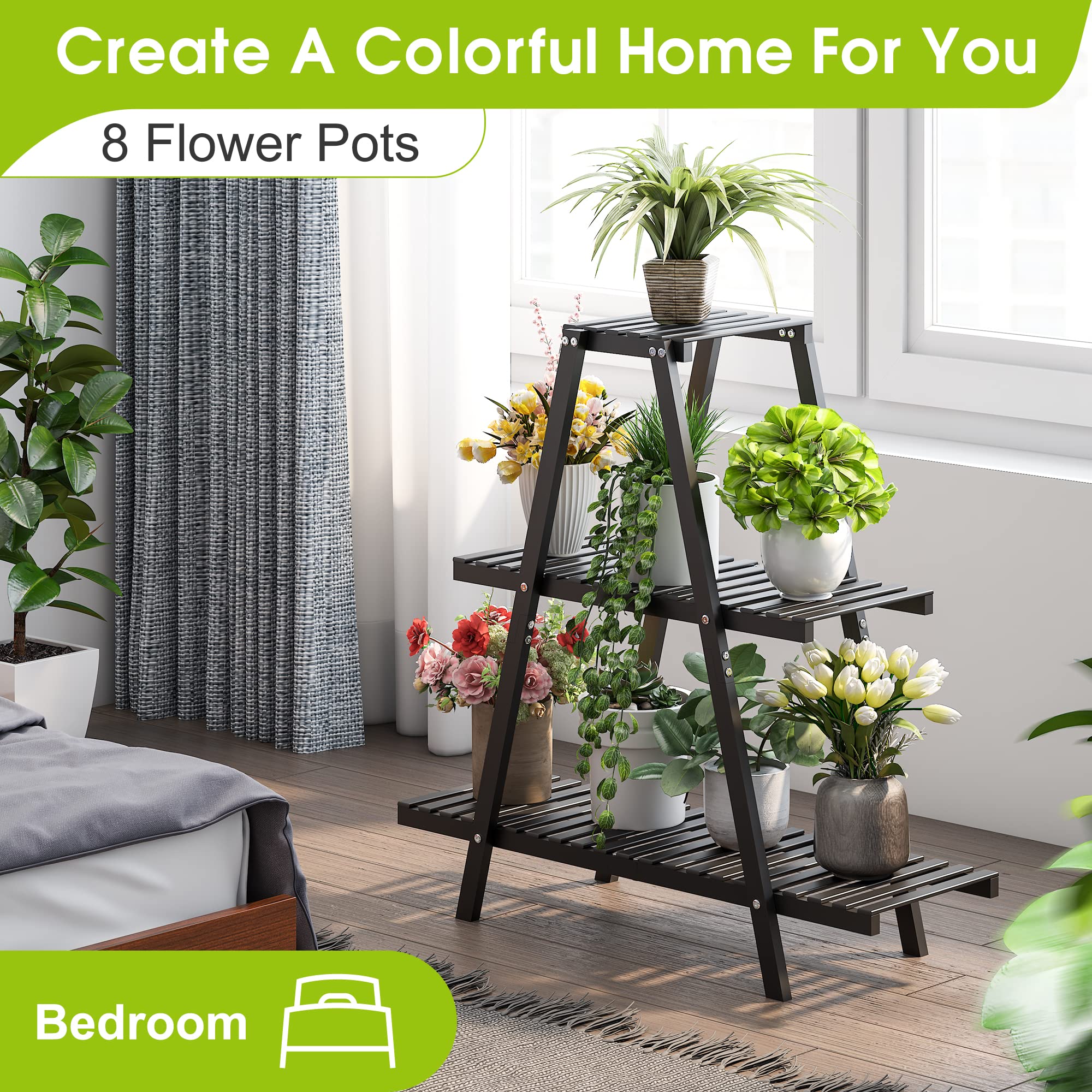 BMOSU 3-Tier Bamboo Plant Stand – Triangular Black Display Rack