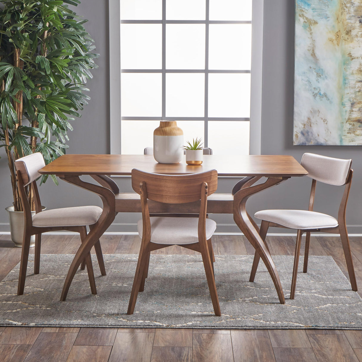 Nissie Mid-Century Wood Dining Set with Fabric Chairs