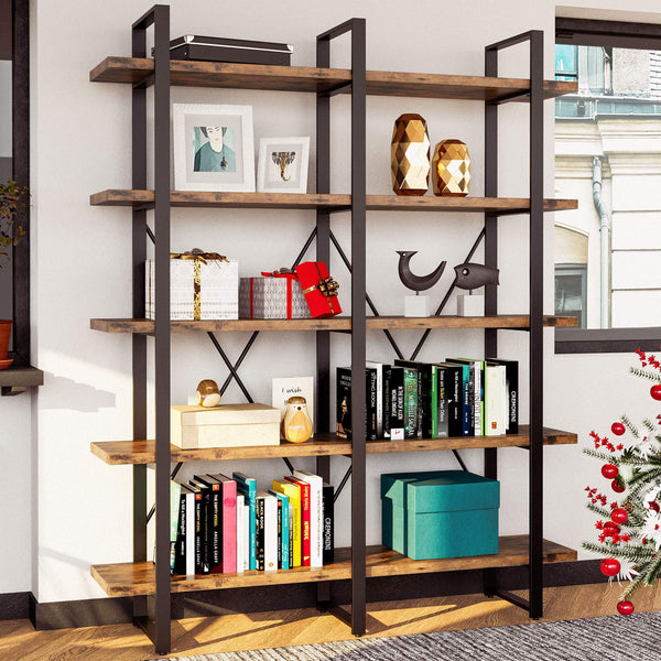 Industrial Bookshelf and Bookcase Double Wide 5 Tier, Large Open Shelves