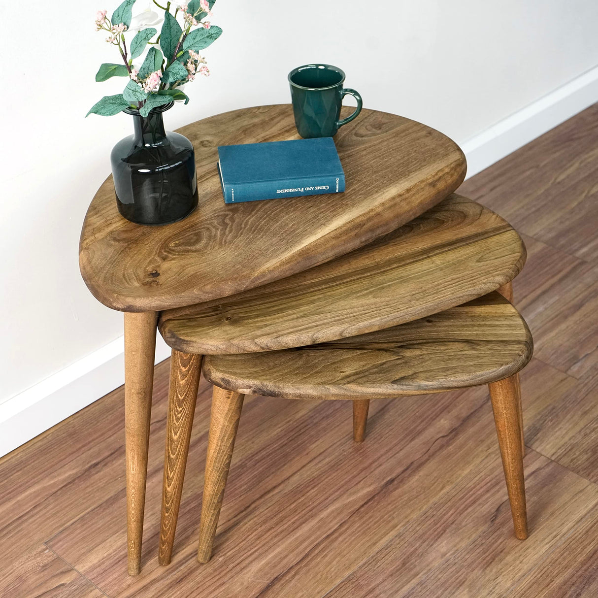 Solid Nesting Table Set of 3- Walnut Mid Century Pebble Tables