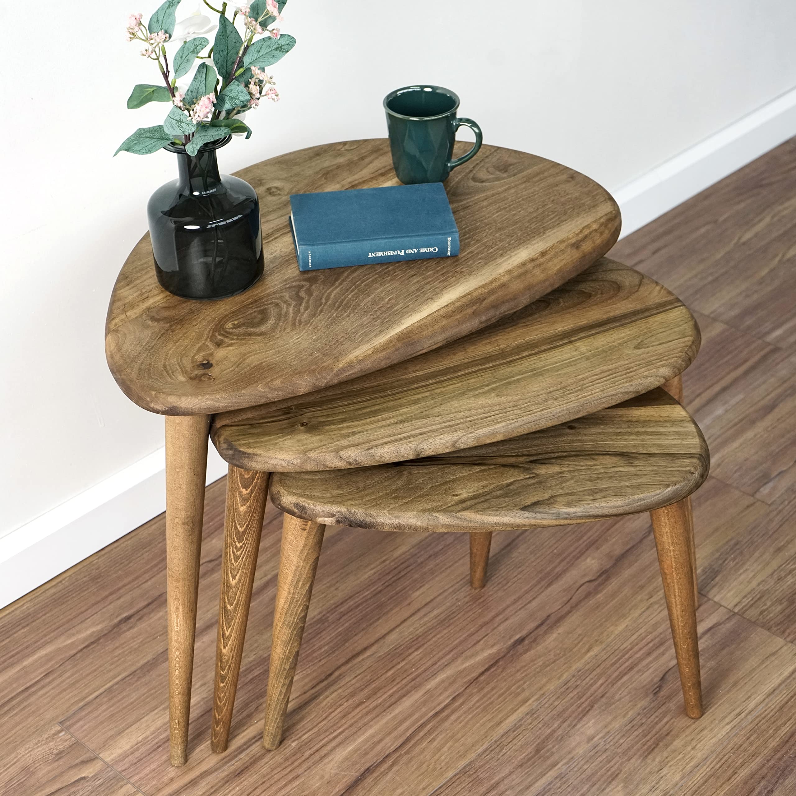 Solid Nesting Table Set of 3- Walnut Mid Century Pebble Tables