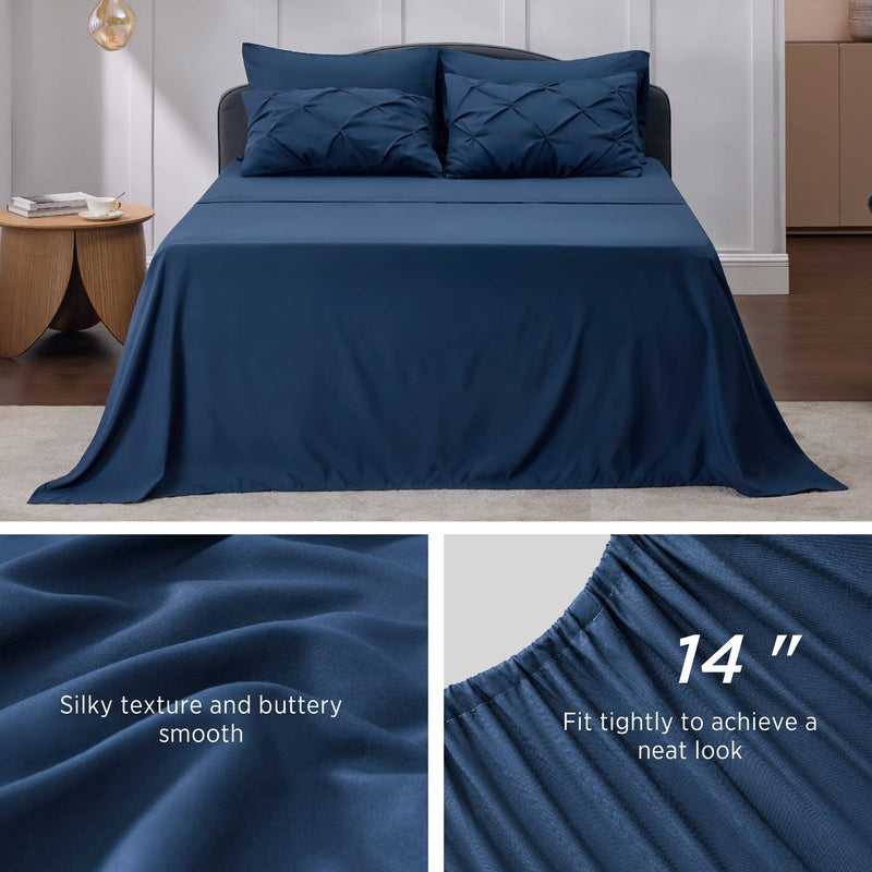 California King Comforter Set - Cal King Bed Set 7 Pieces, Pinch Pleat Navy