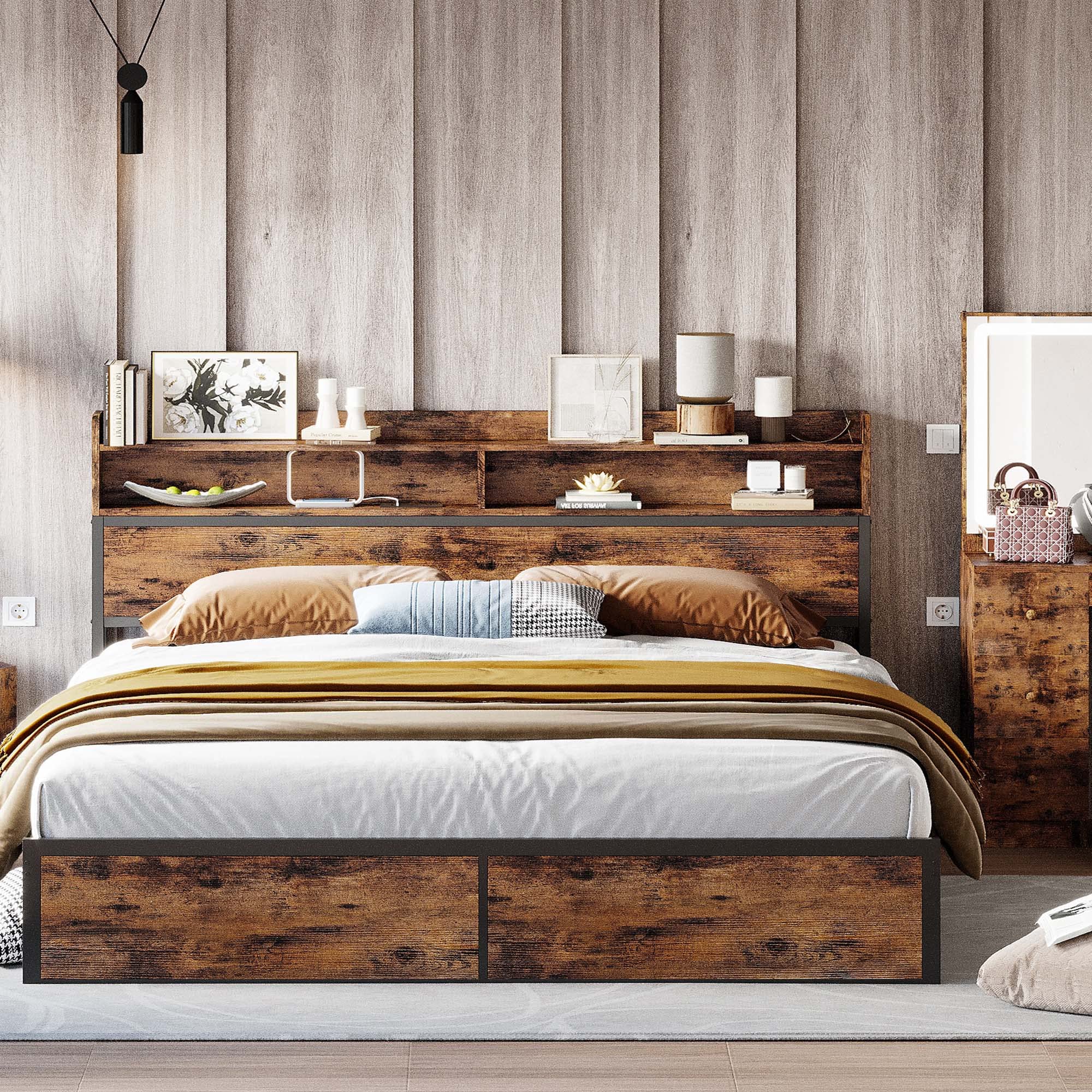 IRONCK King Size Bed Frame, Bookcase Headboard with Charging Station